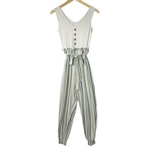 Womens Small Striped Jumpsuit Sleeveless Tie Waist‎ Button Front Casual Summer